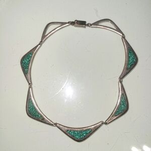 vintage Mexico sterling silver 925 turquoise chip inlay aztec motif necklace